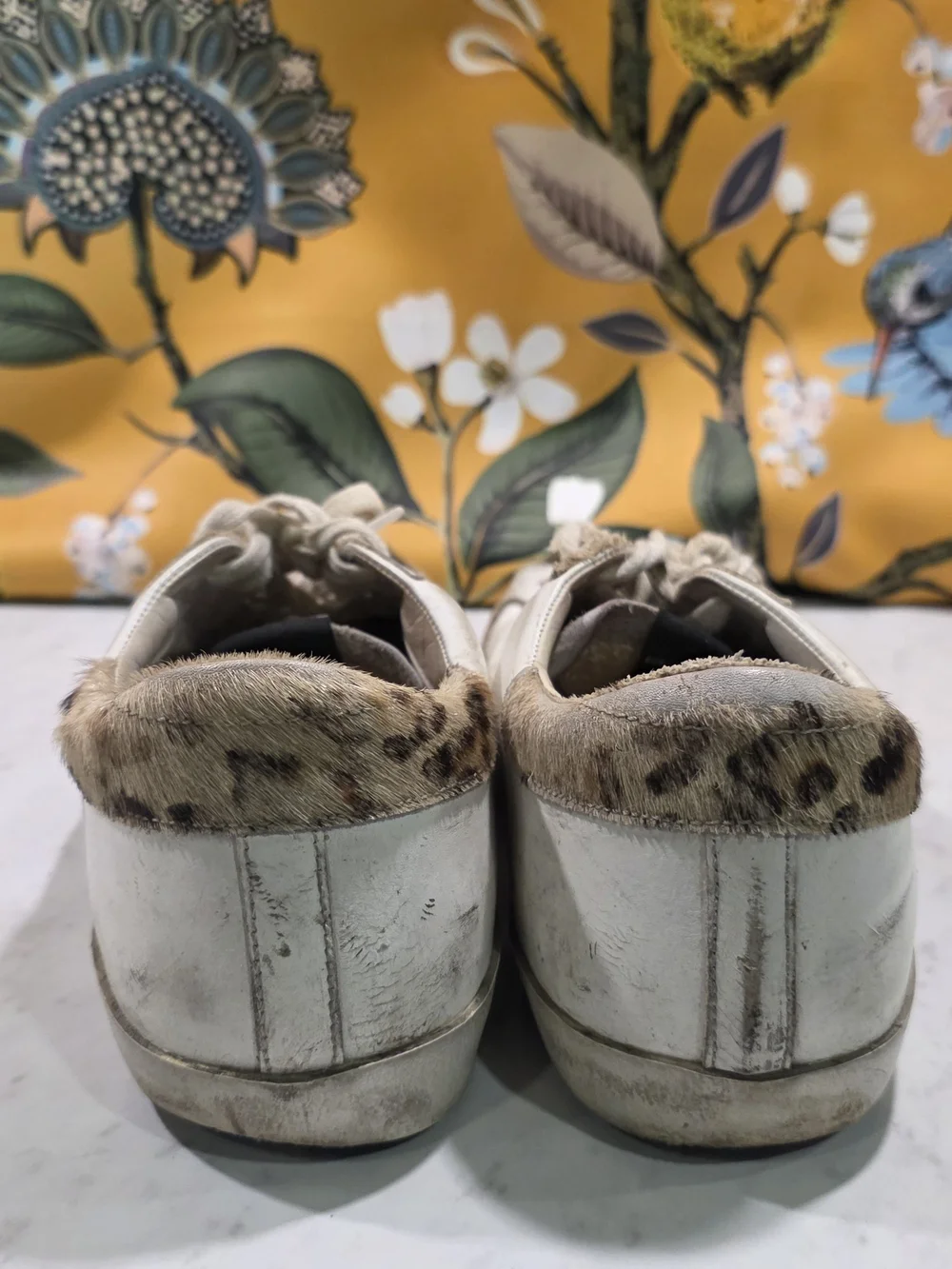 Golden Goose White Leather Sneakers with Leopard Toe and Black Star